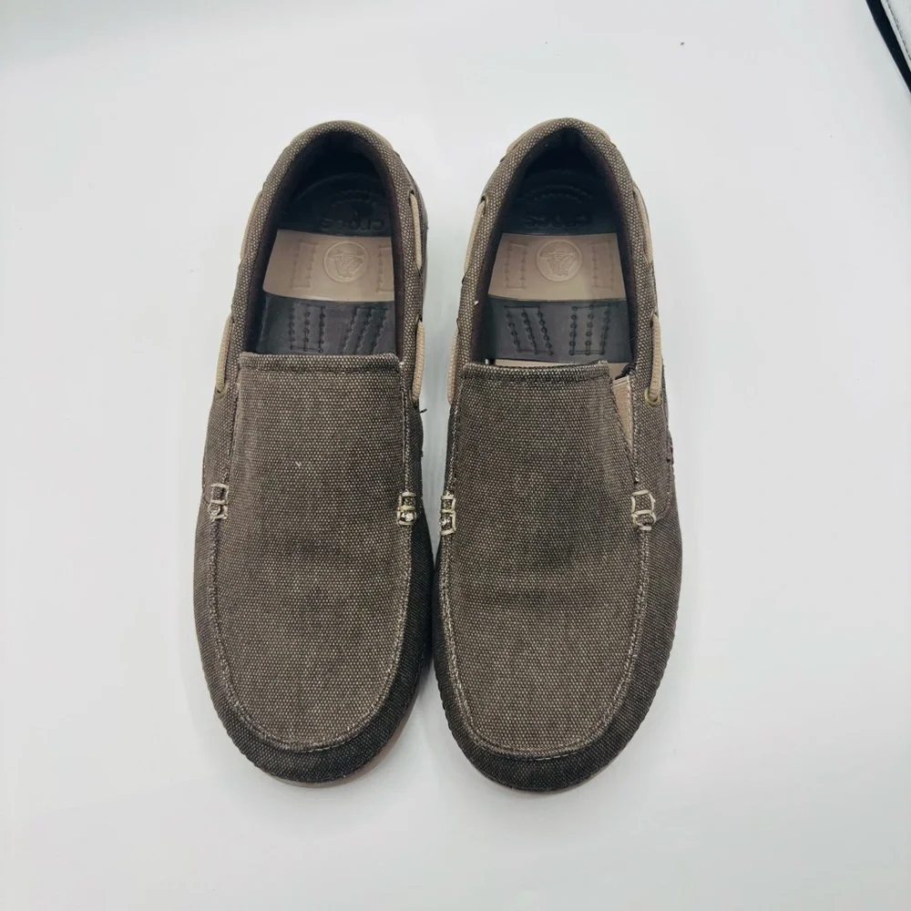 CROCS Men's Brown Canvas Slip-On Boat Shoe with Tan Accents